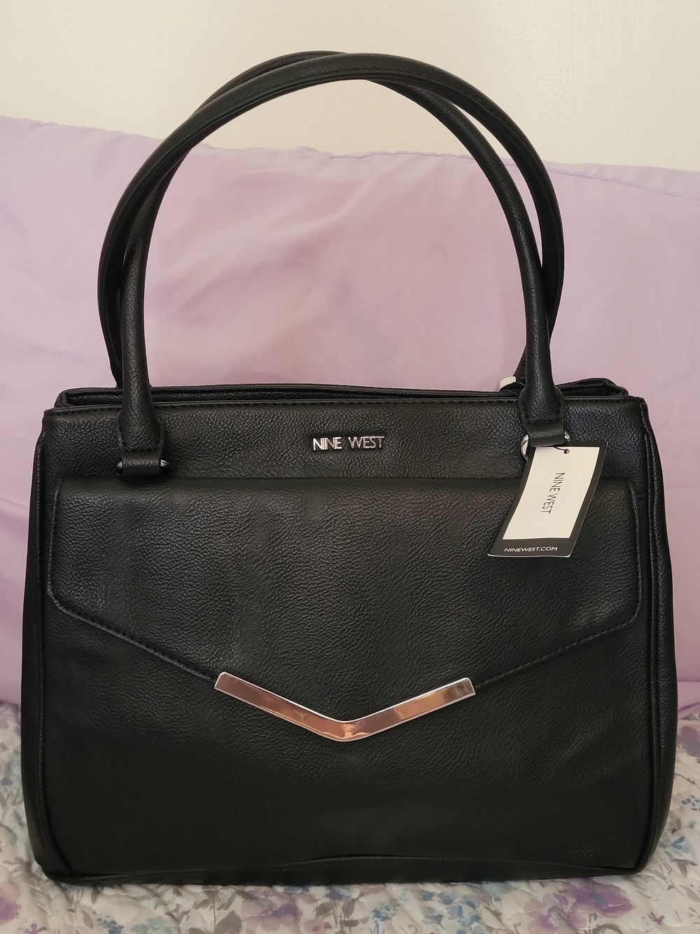 Nine West Black Structured Faux Leather Satchel with Metallic Accent